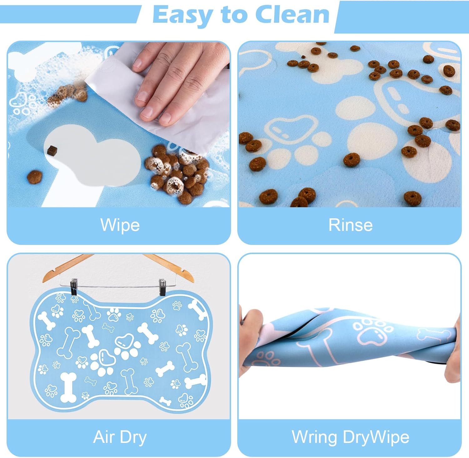 Dog Cat Mat for Food and Water,Rapid Absorbent Pet Feeding Mat, Bone Shaped Dog Placemat Bowl Mat with Rubber Backing,No Stains Pet Food Mats Indoor, Pet Accessories Supplies,Blue 16"×24"