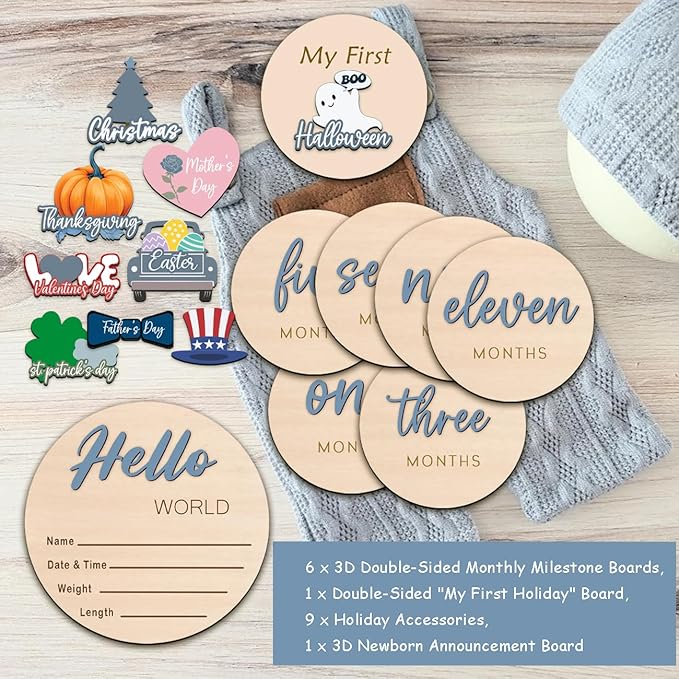 Monthly Baby Milestone and First Holiday Signs, Wooden Baby Months Disc Set 1-12, Hello World Newborn Announcement Props (Blue)