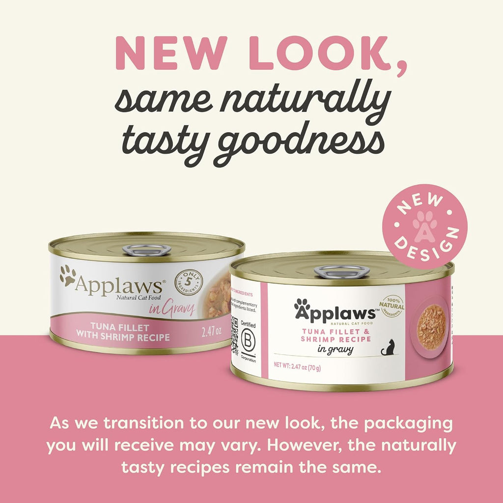 Applaws Natural Wet Cat Food in Gravy, Limited Ingredient Canned Wet Cat Food, No Additives, Made with Natural Ingredients, Tuna Fillet & Shrimp in Gravy (24 x 2.47oz Cans)