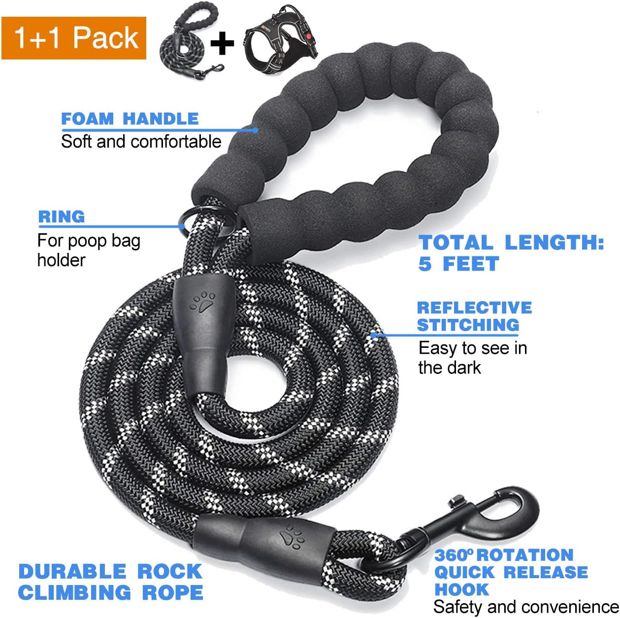 No Pull Dog Harness Adjustable Reflective Oxford Easy Control Medium Large Dog Harness with A Free Heavy Duty 5ft Dog Leash (XL (Neck: 21.5"-33", Chest: 30"-39.5"), Black Harness+Leash)