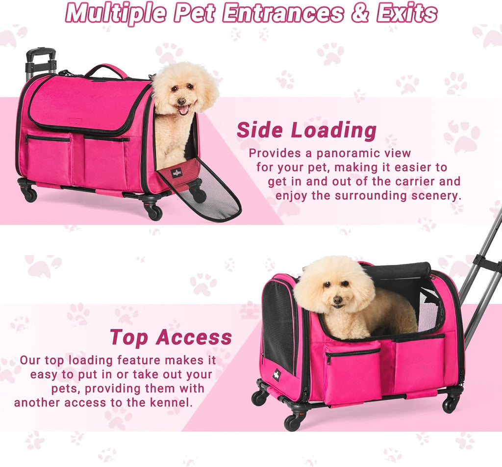 Large Pet Carrier with Wheels, Foldable Rolling Dog Carrier with Big Pocket, Cat Rolling Bag 21"x13"x13"for 2 Cats &Dogs, Use for Travel, Outdoor, Vet Visits, Camping, Indoor. Pink