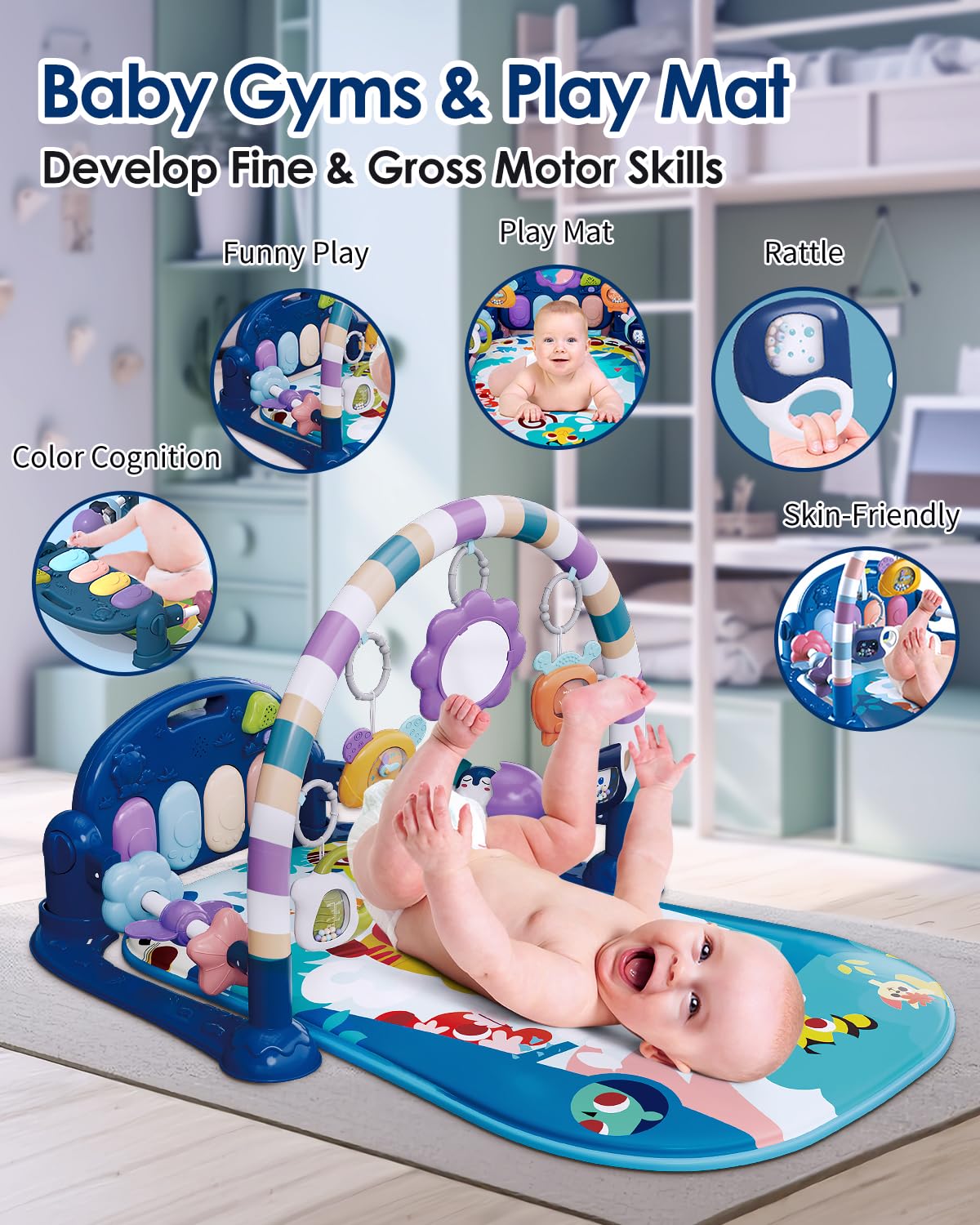 dearlomum Baby Play Mat Gym,Funny Play Piano Tummy Time Activity Mat with 5 Infant Sensory Toys & 2 Baby Book Toys, Boy & Girl Gifts for Newborn 0 to 3 6 9 12 Months(Blue)