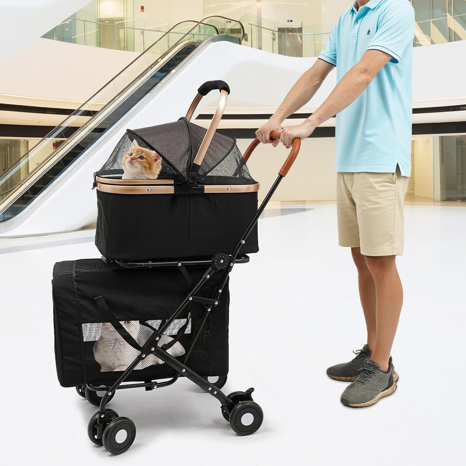 Double Pet Stroller for Dogs and Cats, Foldable Dog Stroller Travel Carriage with Detachable Carriers, Safety Belts, and 4 Lockable Wheels for Small to Medium Pets (Black)