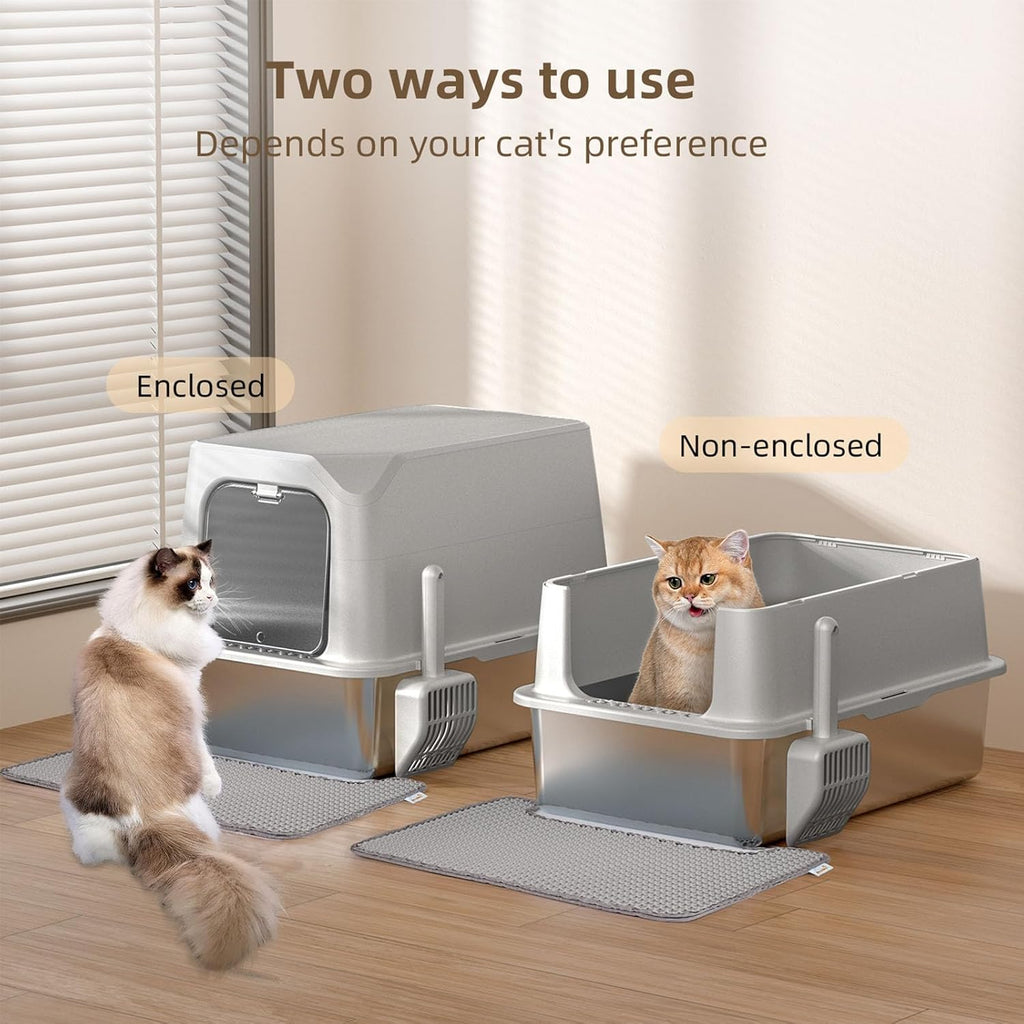 Stainless Steel Cat Litter Box with Lid, Extra Large, Great for Large & Small Cats, Easy to Clean, Anti-Leakage, Non-Sticky, Multifunctional 2 in-1 Metal Cat Litter Box - Light Gray