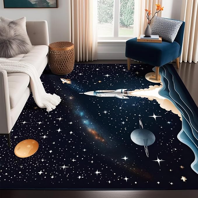 6' x 9' Space Rocket Rug for Kids Bedroom Black Stars Rugs Galaxy Carpet Planet Printed Throw Rugs for Boys Teens Living Room,180x275cm