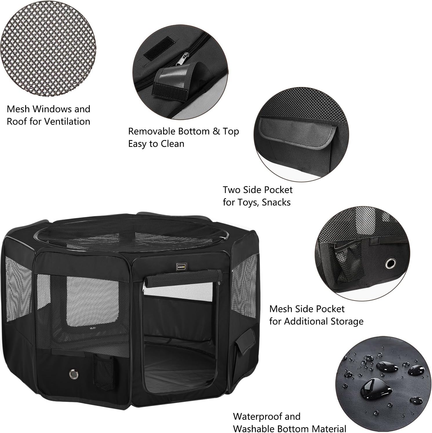 DONORO Dog Playpen Portable Pet Play Pens for Small Dog/Cat/Rabbit/Chicks, Cat Playpen Indoor/Outdoor with Carring Case, Removable Zipper Top and Bottom (Black, Large (46"x46"x23"), 8)
