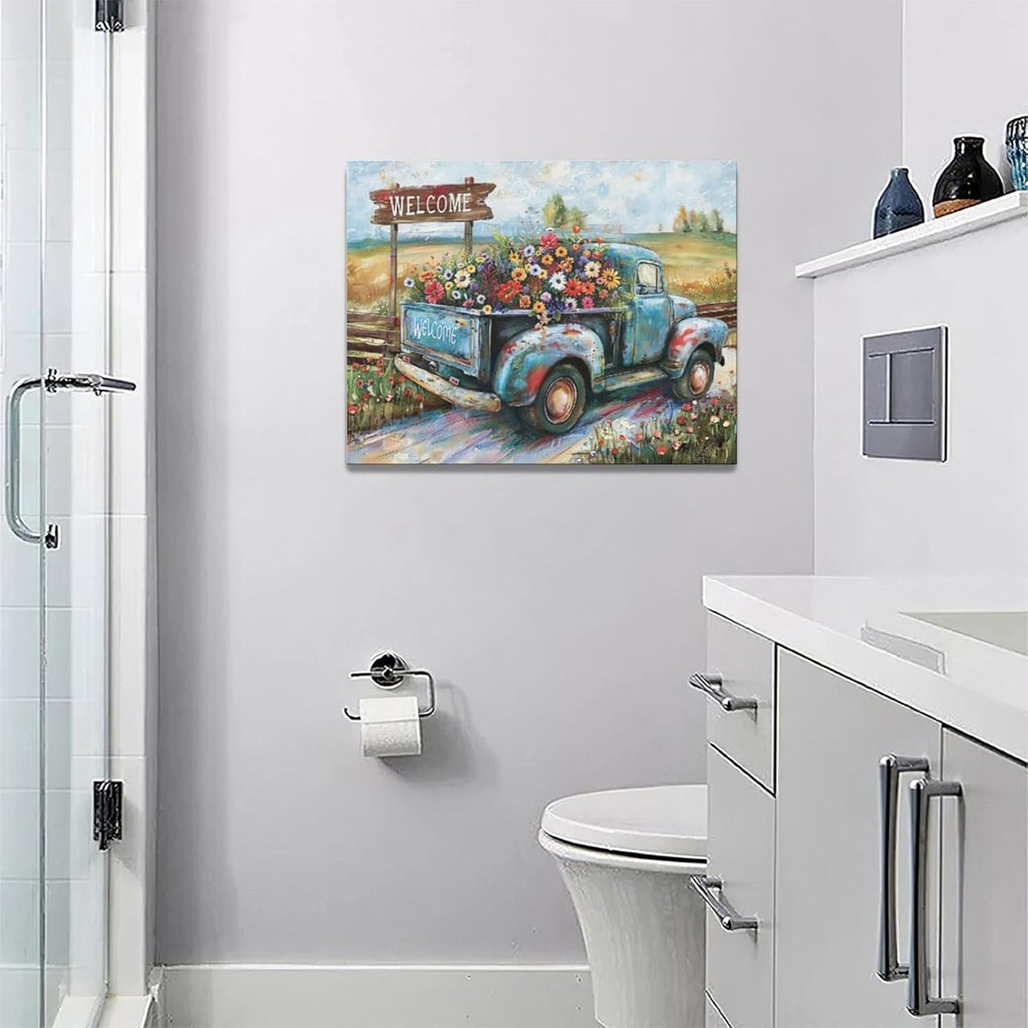 Farmhouse Truck Wall Art Rustic Country Wildflowers Wall Decor Road Flowers Landscape Pictures Canvas Print Painting Artwork for Bathroom Living Room Bedroom 12"x16"