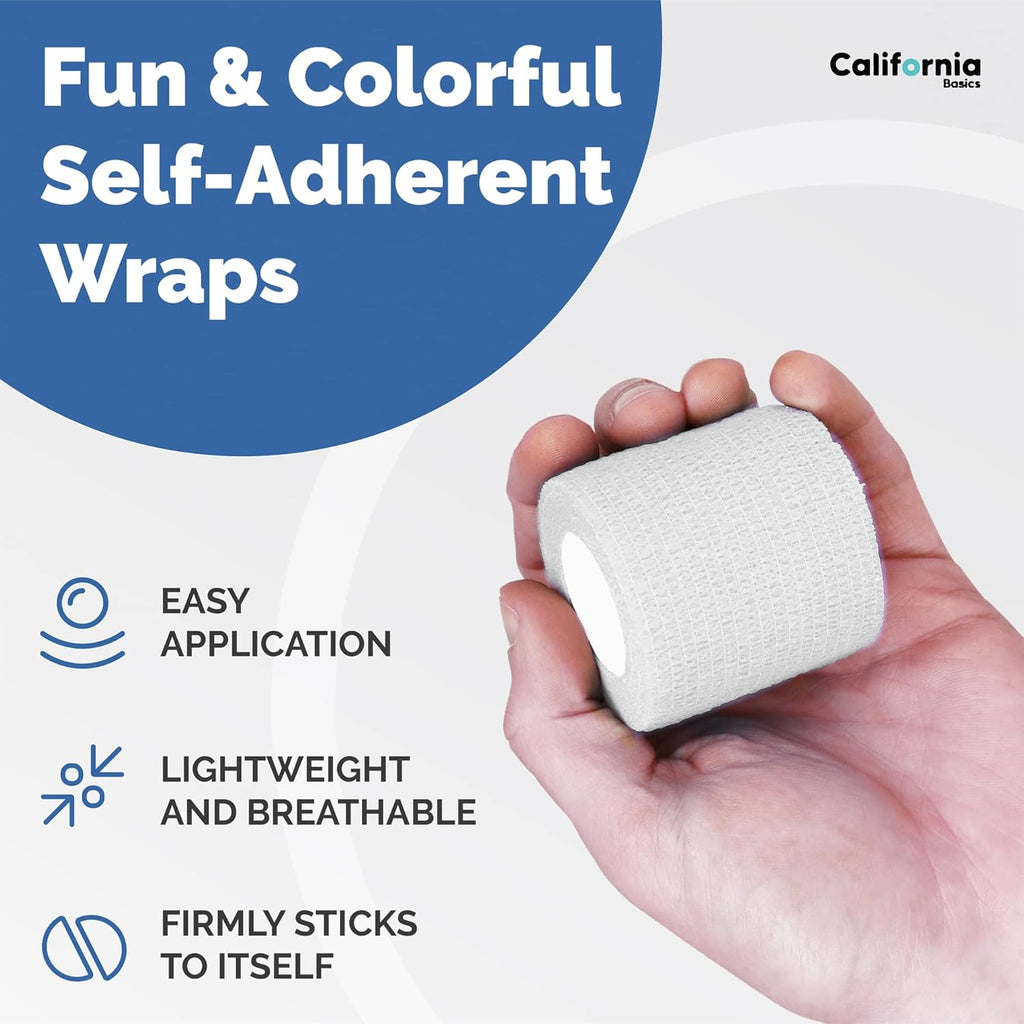 California Basics Self Adhesive Bandage Wrap - Self Adhering Non Woven Cohesive Bandage Rolls - Stretch Wrap - Multi Colored Athletic Tape for Wrist - Waterproof (2 inch- 12 Pack- White)