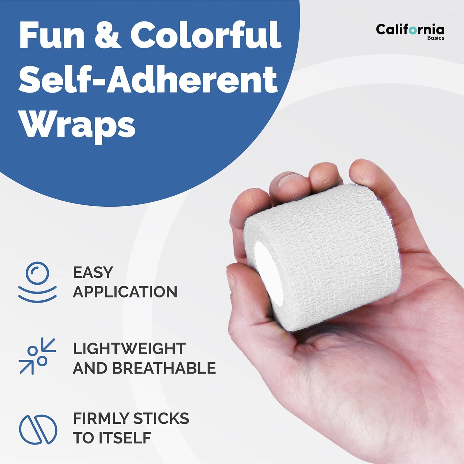 California Basics Self Adhesive Bandage Wrap - Self Adhering Non Woven Cohesive Bandage Rolls - Stretch Wrap - Multi Colored Athletic Tape for Wrist - Waterproof (2 inch- 12 Pack- White)