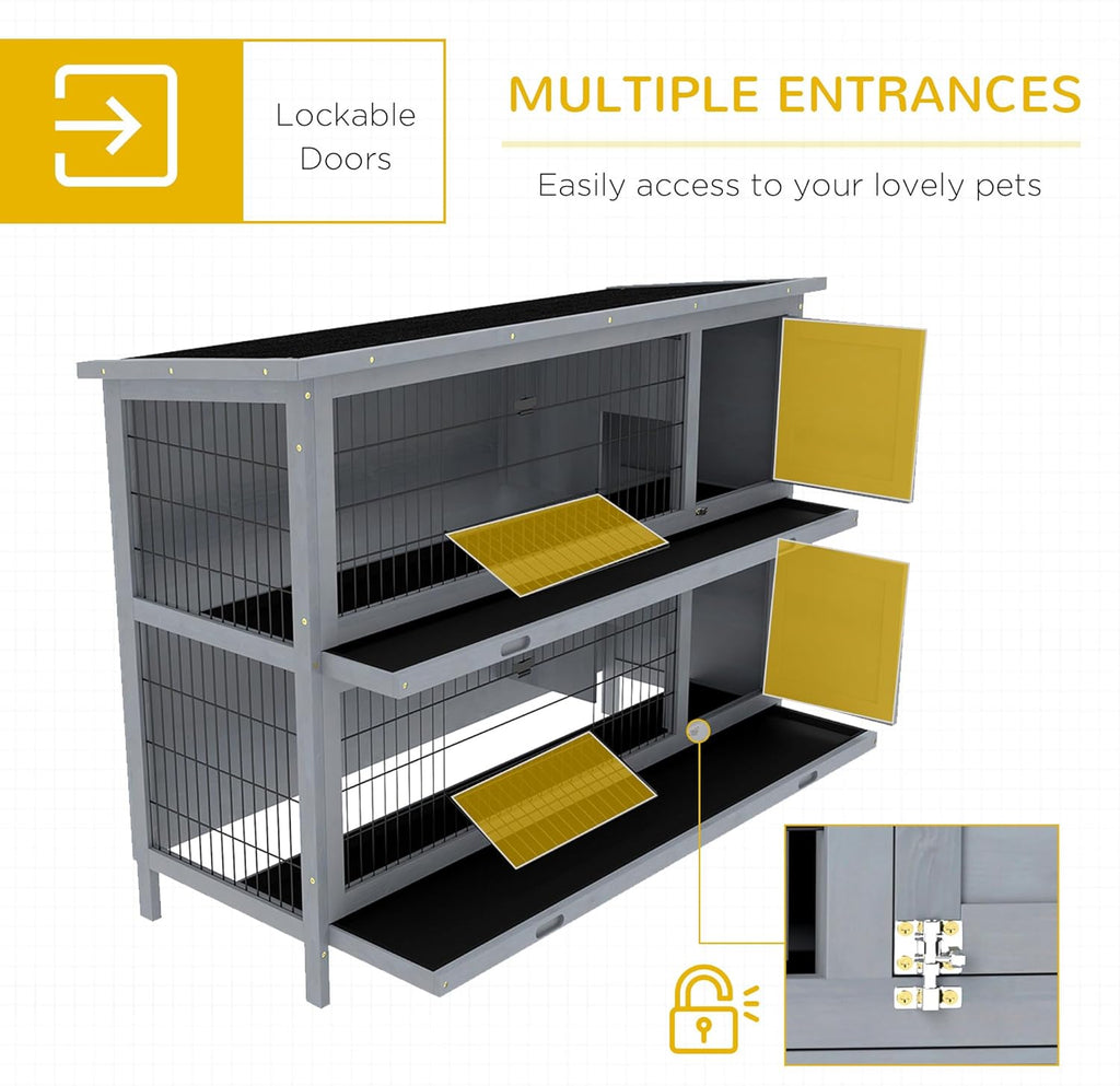 PawHut 54" 2-Story Large Rabbit Hutch Bunny Cage Wooden Pet House Small Animal Habitat with Lockable Doors, No Leak Tray and Waterproof Roof for Outdoor/Indoor Grey