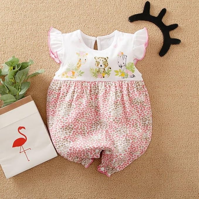 Cute Giraffe + Zebra With Floral Print Long Sleeve Baby Girl Clothes White Jumpsuit For Baby One-Piece Romper