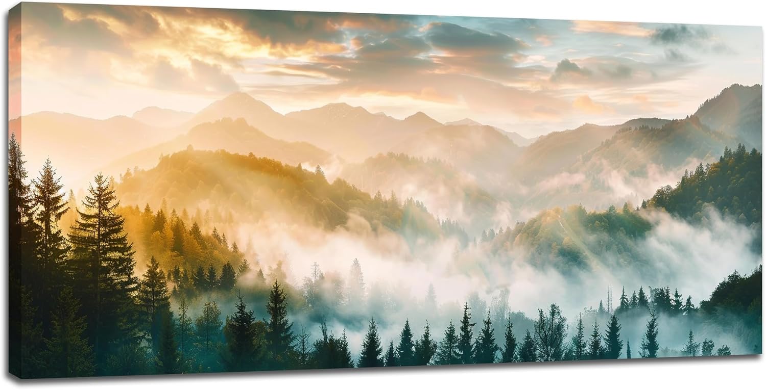 Large Mountain Wall Art for Living Room Forest Mountain Big Space Size Landscape Sea of Fog Scenery Landscape Framed Canvas Prints Pictures Painting Modern Artwork Office Home Decor 60"x30"