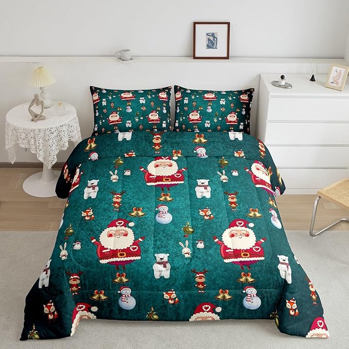 Christmas Comforter Set Cute Snowman Santa Claus Kids Decorations Bedding Set Boys Girls Bear Rabbit Comforter Christmas Bells Design Teal Blue Quilt with 1 Pillowcase 2Pcs Bedding Twin