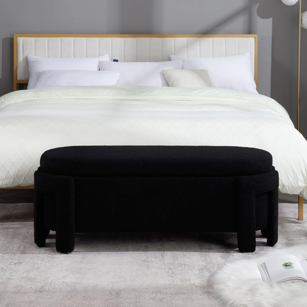 Modern Upholstered Storage Bench, Sherpa Fabric 50" Long Entryway Bench with Storage and Seating, Comfy Cute Ottoman Bench for Living Room/End of Bed/Hallway, Black