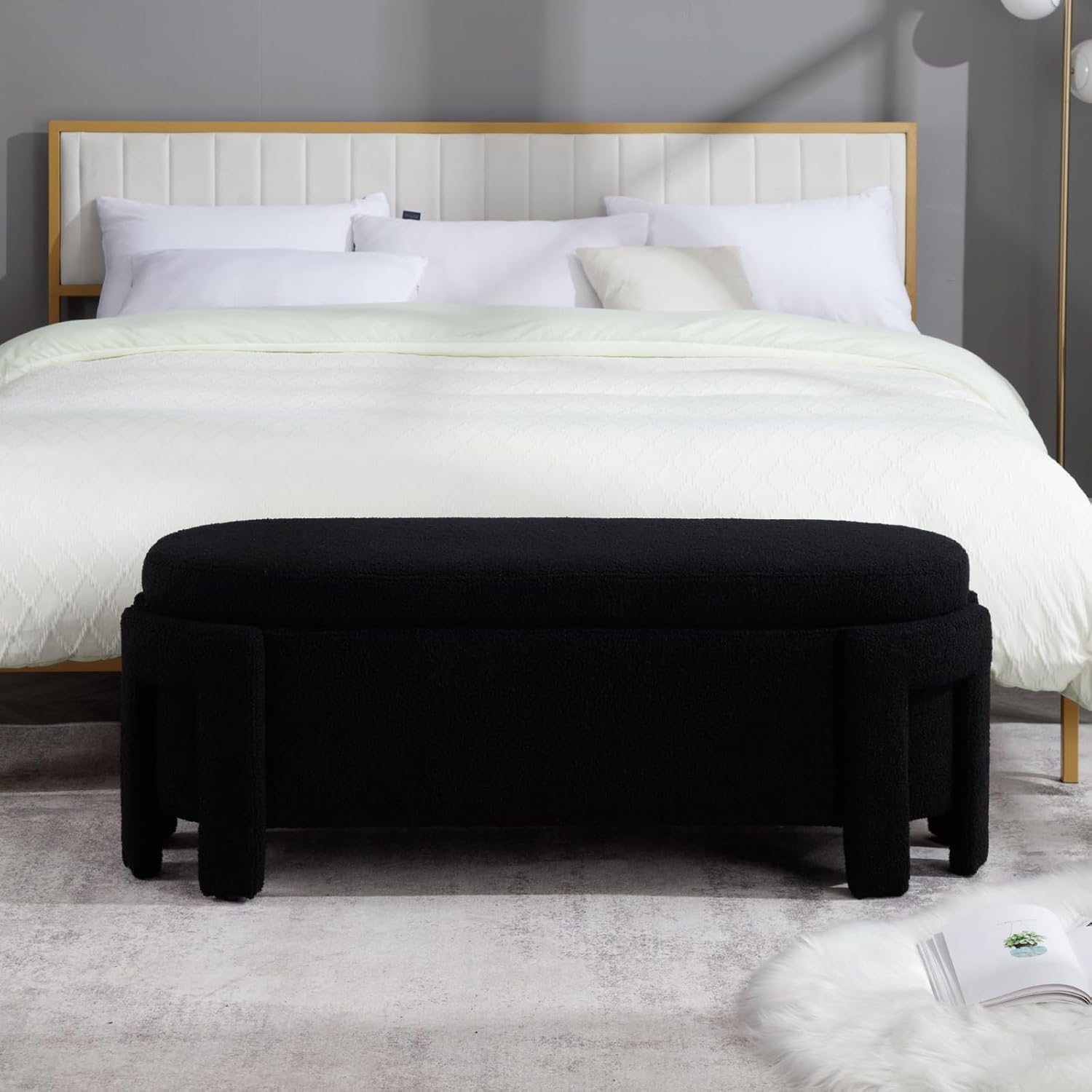 Modern Upholstered Storage Bench, Sherpa Fabric 50" Long Entryway Bench with Storage and Seating, Comfy Cute Ottoman Bench for Living Room/End of Bed/Hallway, Black
