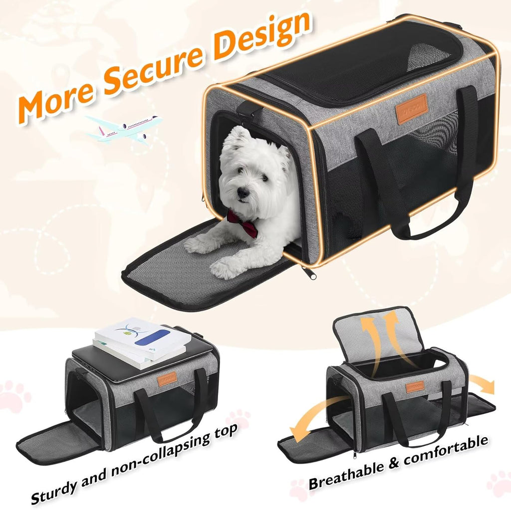 PETUX Pet Carrier Airline Approved, 17"x11"x9.5" Cat Carrier Soft with Anti-Scratch Mesh for Small Cats up to 12 lb, Top Open Portable Dog Carriers with Little Box for Puppy up to 10 lb (Grey)