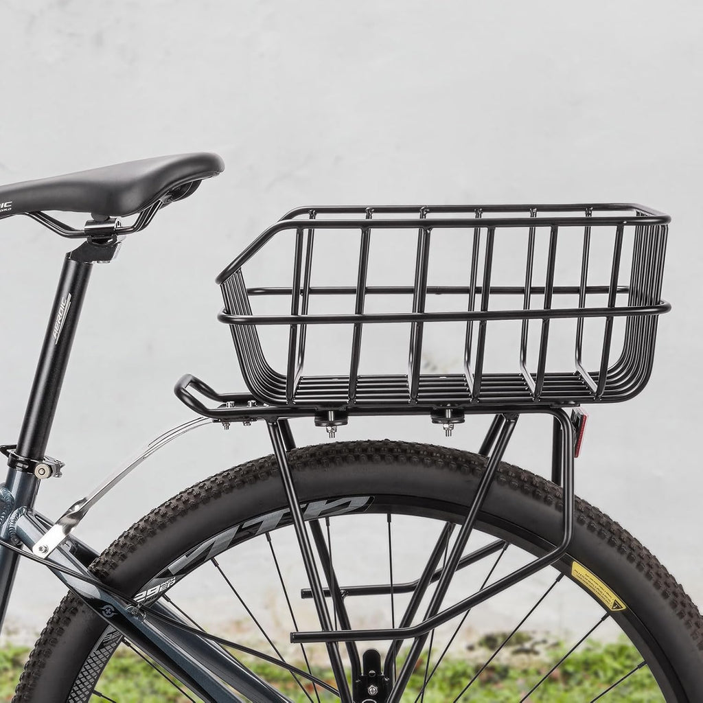 CXWXC Rear Bike Basket - Bicycle Rear Basket with Cargo Net and Waterproof Cover - Rear Mount Aluminium Bike Basket Large Capacity