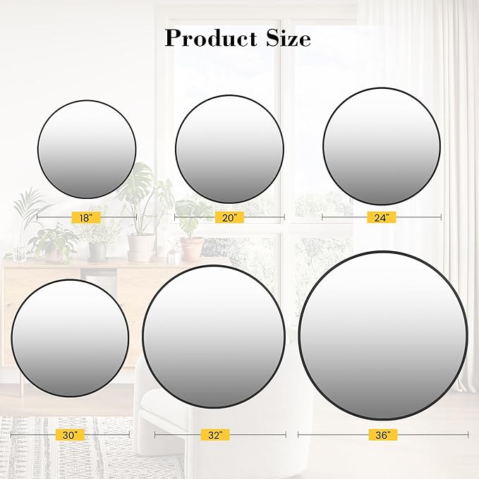 IDEALHOUSE 18 Inch Black Round Wall Mirror, Circle Mirror Metal Frame for Bathroom, Vanity, Entryway, Bedroom, Living Room, Wall Mounted Modern Rustic Decor