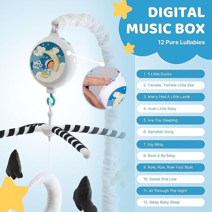 Starry Night Mobile - Cloud and Star Mobile with 12 Piano Lullabies - Black and White Baby Crib Mobile for Boys & Girls
