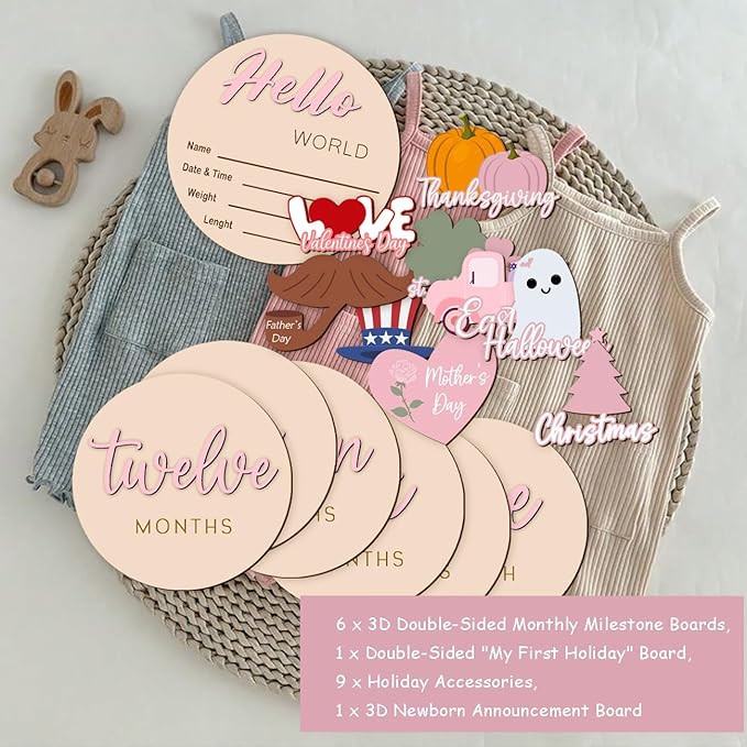 Monthly Baby Milestone Maker Discs, Baby Milestone Signs for Newborn Baby, Hello World Newborn Sign for Baby Girl & Boy, Baby Announcement Sign for 1-12 Month, Milestone Wooden Circles (Pink)