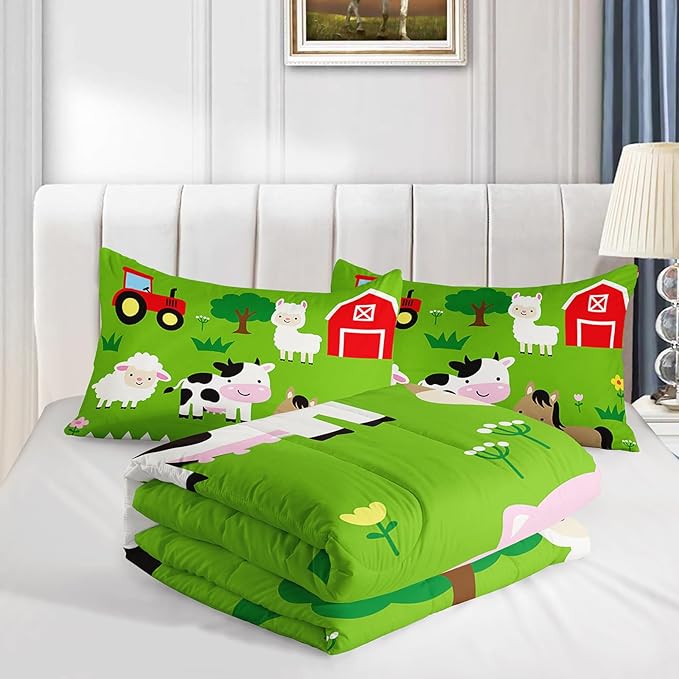 QOOMO Farm Animal Comforter,Pig Cow Sheep Comforter Set for Kids Teens Girls Boys,3Pcs Bedding Set Printed Comforter with 2 Pillowcases,Down Alternative,Soft and Lightweight，Queen Size