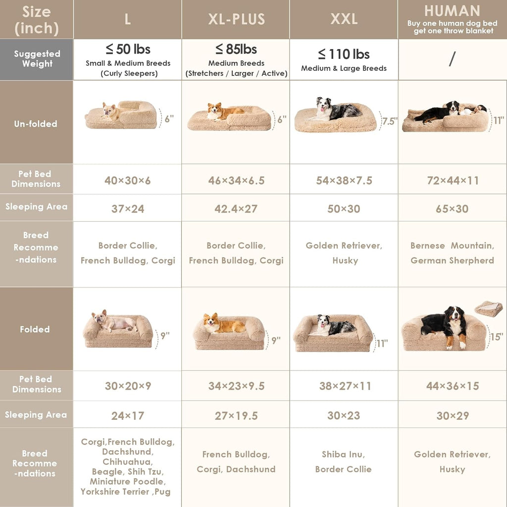 EHEYCIGA Foldable Human Dog Bed, Orthopedic Memory Foam Human Sized Dog Bed, Waterproof Pet Bed for People, Faux Fur Pet Couch for Adult, Camel, 72"x44"x11"