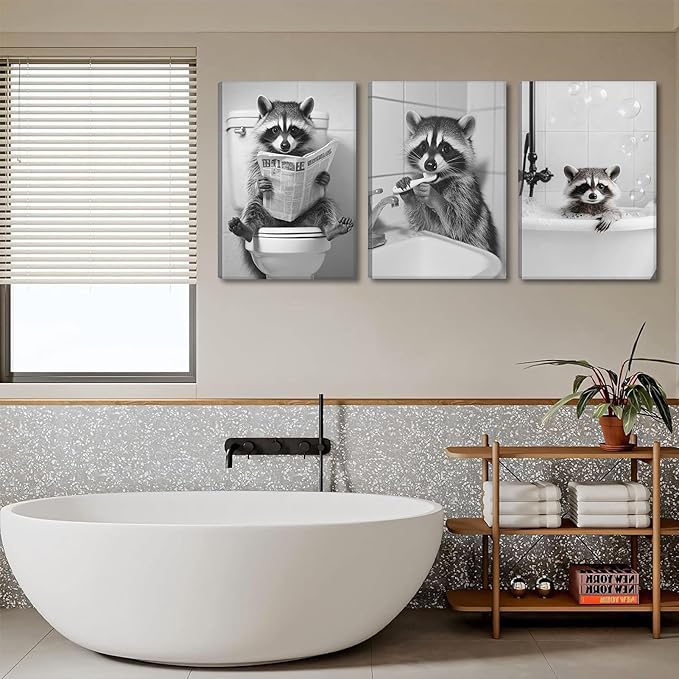 Funny Raccoon Bathroom Canvas Wall Art set of 3 Black and White Cute Raccoon Sitting on Toilet Poster Print Artwork Humor Adorable Animals Pictures Wall Decor for Washroom Restroom laundry 12x16in