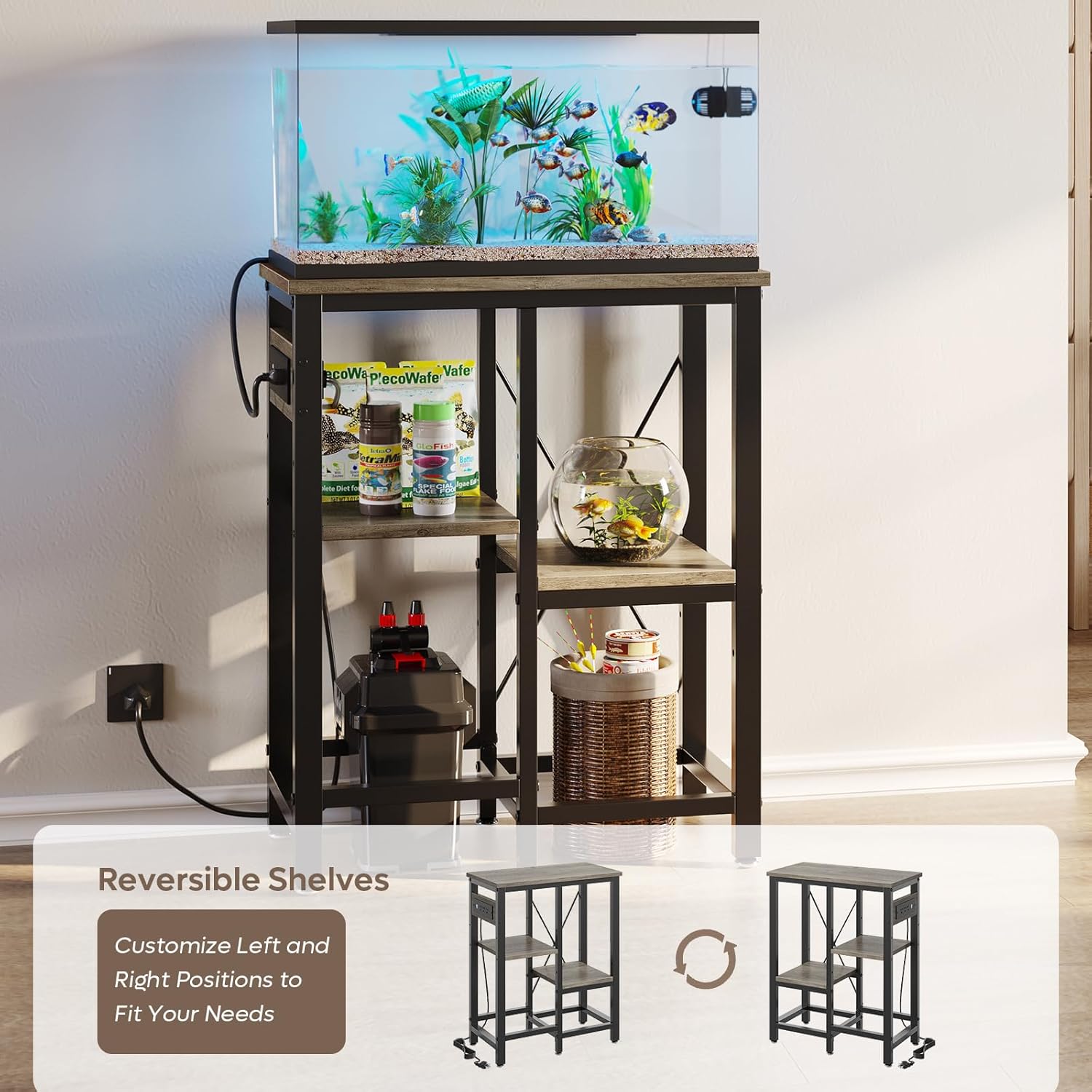 10 Gallon Fish Tank Stand with Power Outlets, 20 x10 Metal Aquarium Stand with 3-Tiers Adjustable Storage Shelves, 6-Legs Reptile Terrarium Stand, 264 LBs