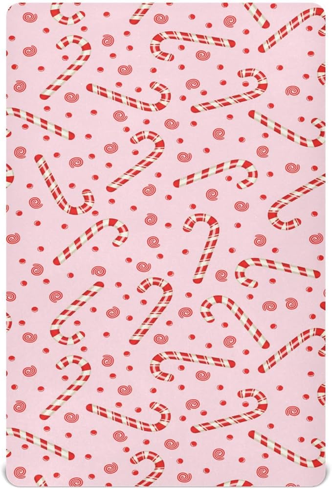 Candy Cane Christmas Pink Crib Sheets Soft Breathable Fitted Baby Crib Sheets Mattress Cover for Girl Boys, 52" x 28" x 9"