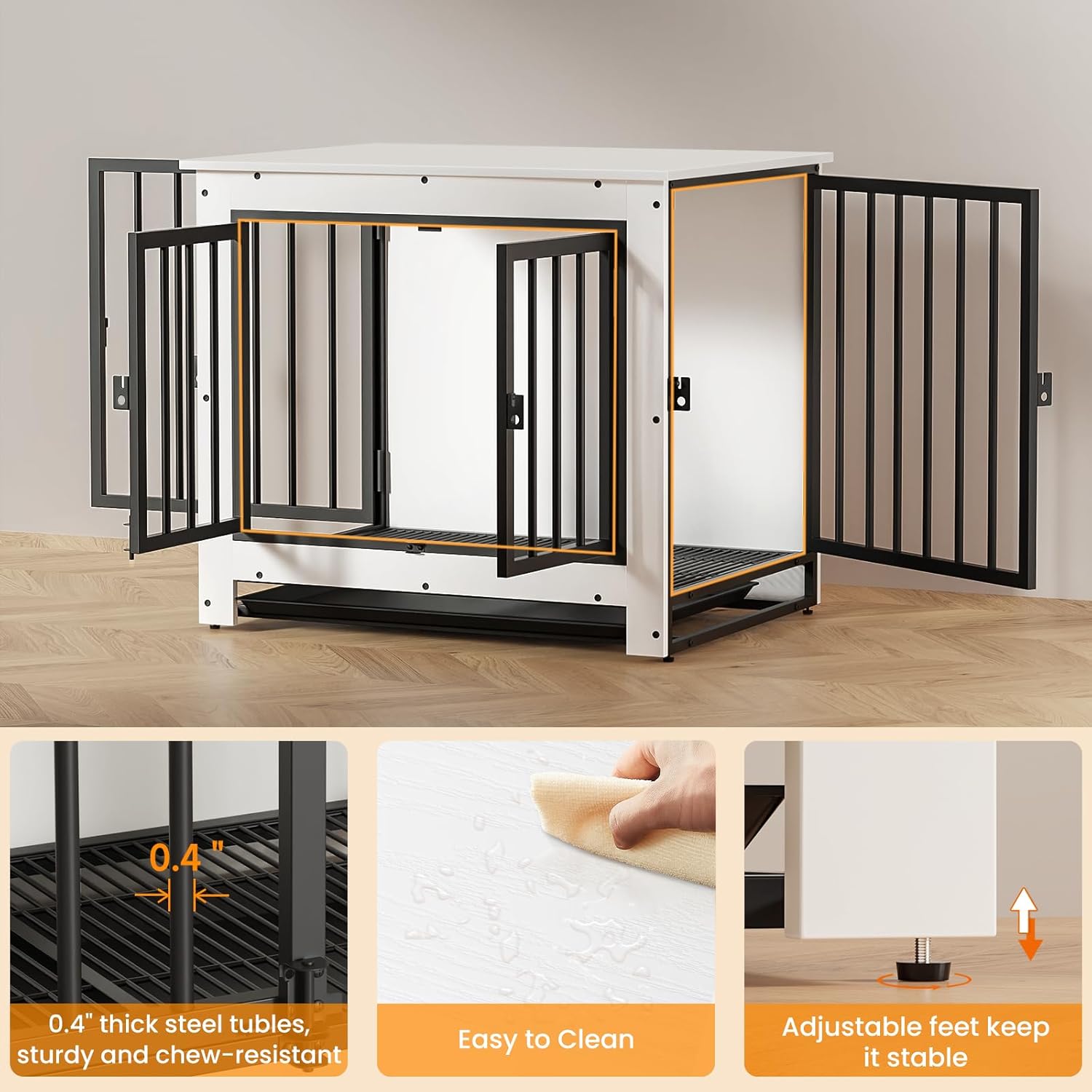Dog Crate Furniture, Dog Crate End Table for Small and Medium Dogs,Wooden Cage Kennel Furniture Indoor, Modern Dog Crate with Multi-Purpose Removable Tray, Double-Doors Dog Furniture, White