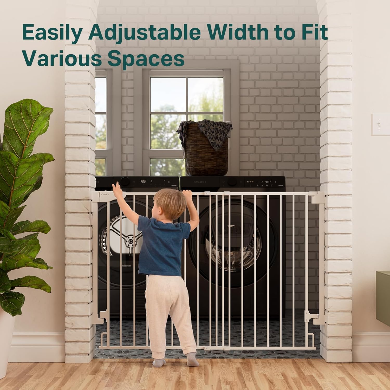Cumbor 34" Extra Tall No Bottom Bar Baby Gate for Stairs, Auto Close Dog Gate Indoor for Larger Pets, 31.6-48" Hardware Mounted Safety Gate for Doorways, Wide Walk Thru Door for Easy Access (White)