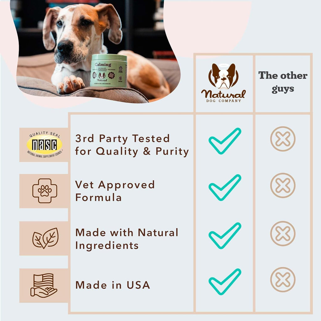 Natural Dog Company Calming Chews for Dogs, Stress & Anxiety Relief Supplement with Chamomile, Valerian Root & Melatonin, Natural Soothing Chews for Travel, Thunder, Fireworks & Separation (90 cnt)