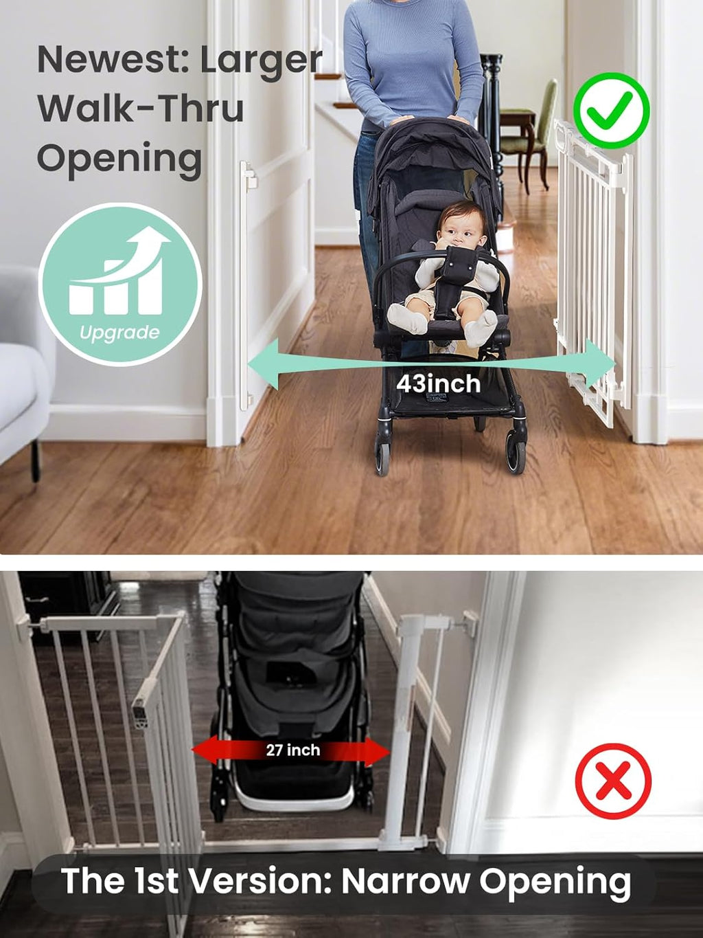Grownsy Baby Gate for Stairs- No Bottom Bar, Adjustable Width 32” to 48” for Child and Pet, Dog Gate with Auto-Close & One-Hand Operation, Screw-in Installation for Doorways and Indoor Use