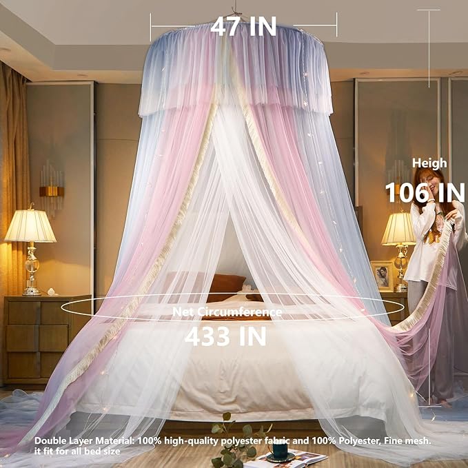 AIKASY Princess Bed Canopy for Girls & Adults, Elegant Double-Layer Bed Curtain, Children's Dream Round Lace Mosquito Net - Fits Twin, Full, Queen, and King Beds(Pink/Grey/White)