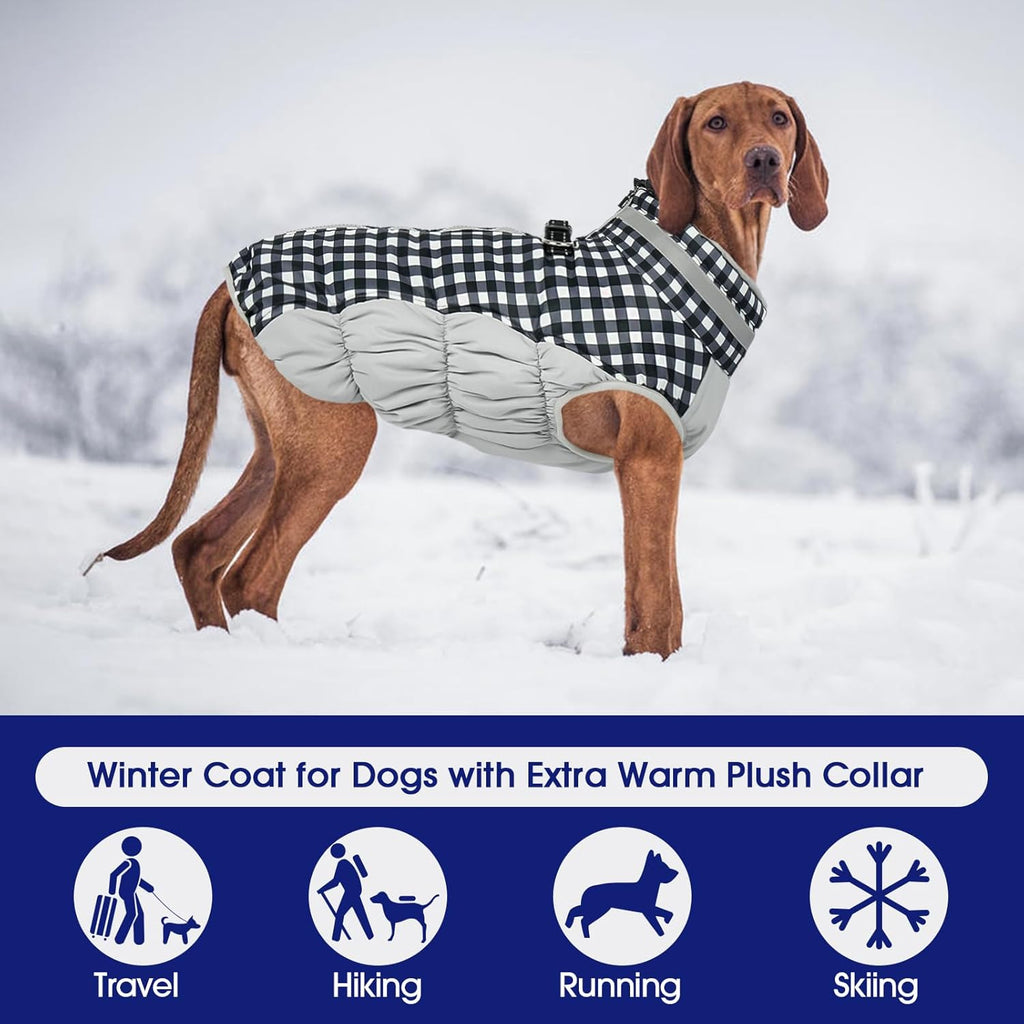 FUAMEY Dog Coat for Large Dogs,Waterproof Dog Winter Jacket with Harness Built in Puppy Cold Weather Coats Reflective Pet Vest with Zipper Warm Fleece Dogs Snowsuit Windproof Checkerboard 3XL