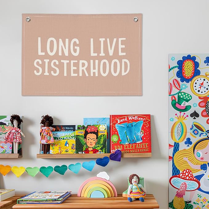 Long Live Sisterhood Nursery Banner - Pink Linen Wall Hanging for Baby Shower, Toddler Room Decor & Girls Bedroom - Sister Friendship Art Inspirational Banner 20x30
