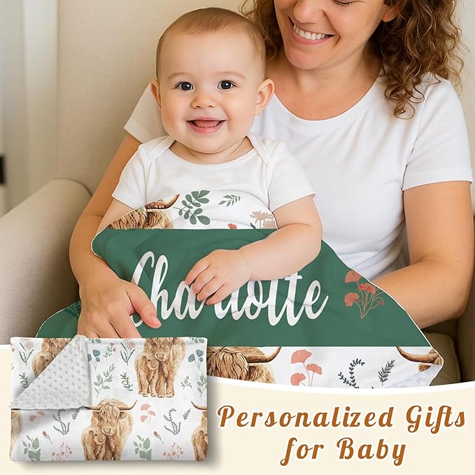 Personalized Baby Name Blanket for Boy Girl, Soft Flannel Blanket with Double Layer Dotted Backing for Infant Newborn, Nursery Crib with Floral Highland Cow Design, Gifts for New Mom(30”x40)