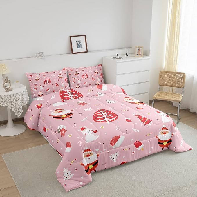 Feelyou Santa Claus Bedding Set Cute Rabbit Kawaii Pink Comforter for Kids Boys Girls Decor Merry Christmas Comforter Set Girly Pink Quilt Set Bedroom Collection 2Pcs Toddler Size