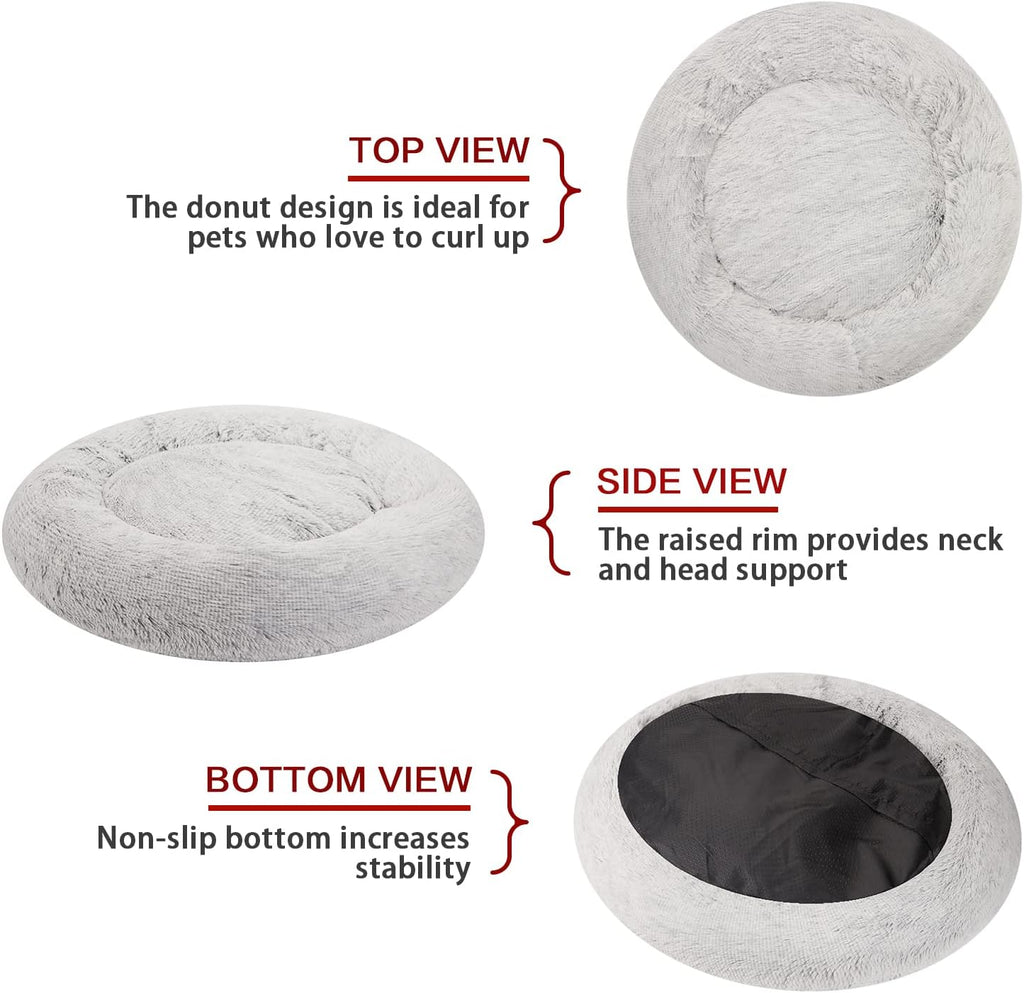 Bedfolks Calming Donut Dog Bed, 23 Inches Round Fluffy Dog Beds for Small Dogs, Machine Washable Anti-Anxiety Plush Puppy Bed（Light Grey, Small）