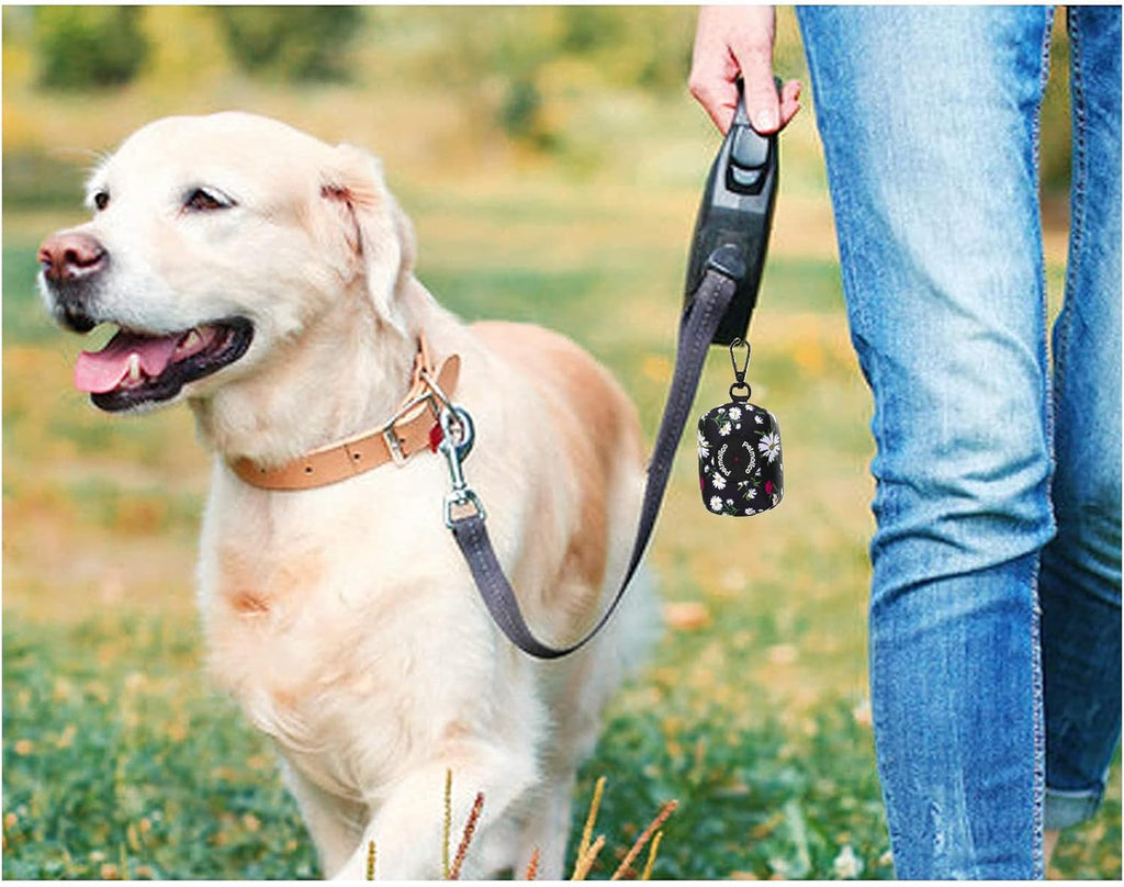 Petmolico Dog Poop Bag Holder Leash Attachment, Dog Waste Bag Dispenser Zippered Pouch, Fits Any Dog Leash, Includes Free Roll of Dog Bags, Poop Bag Dispenser - 2 Packs (White Daisy)