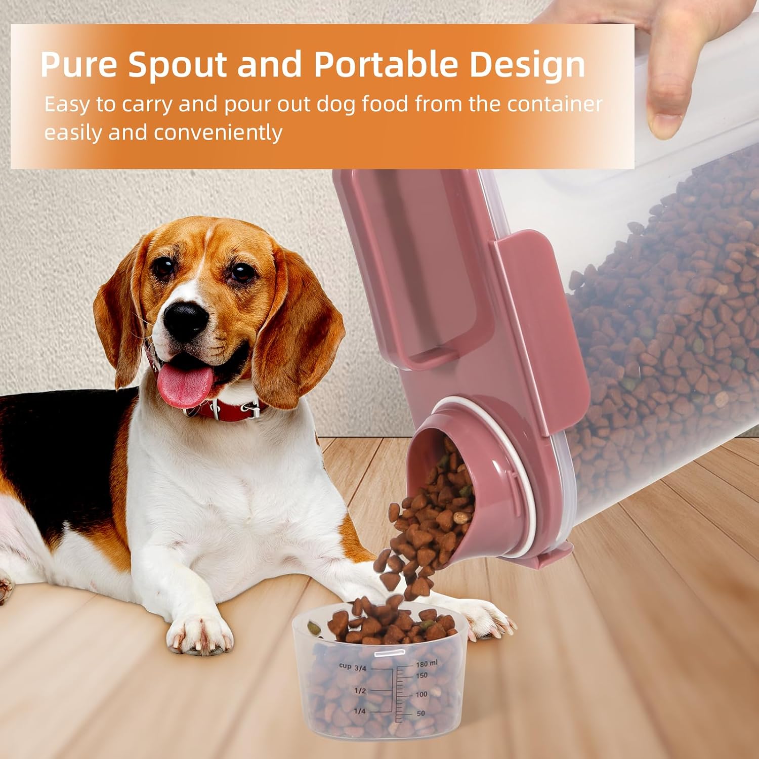 Dog Food Storage Container, Upgraded Large Nozzle BPA-free, 8-12 LBS Plastic Pet Food Storage Containers, With 4 Sealed Clasps, 1 Measuring Cup and Handle (1, Rose Pink, 5L)
