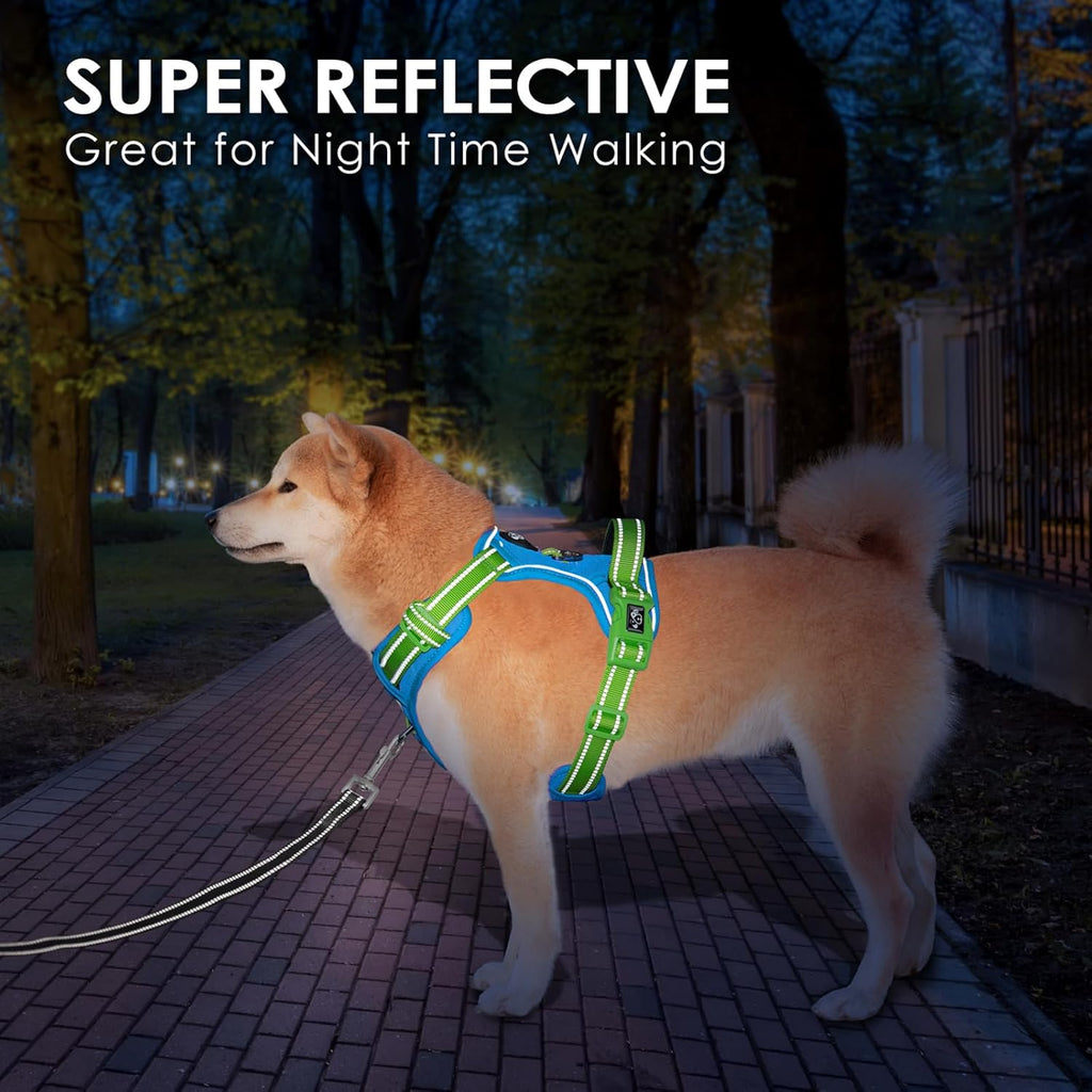 PHOEPET No Pull Dog Harness, Unique Colors Reflective Adjustable Dog Vest, with Soft Training Handle Metal Clips for Small Medium Large Dogs (Blue Base & Green Straps,XL)