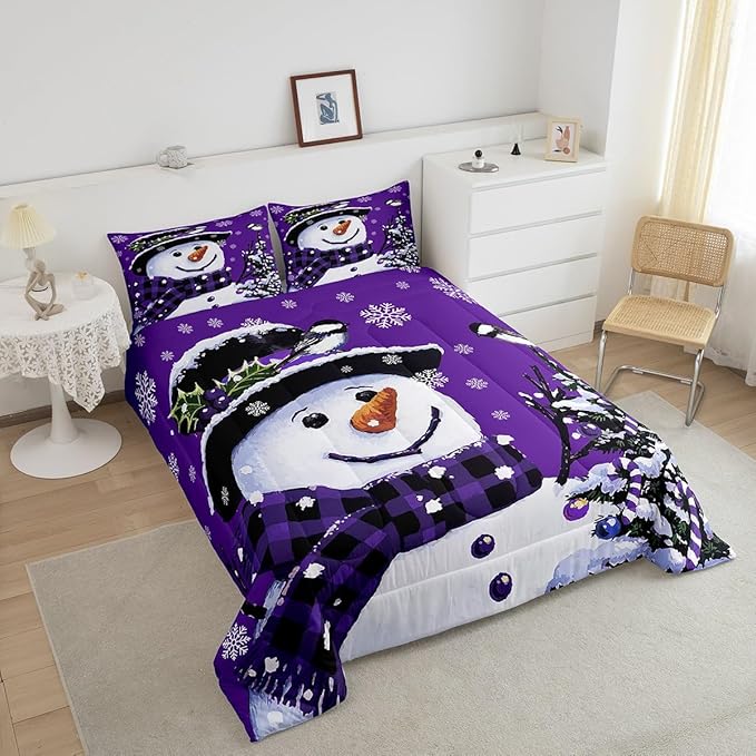 Feelyou Kids Christmas Theme Decorations Bedding Set Xmas Snowman Comforter Set for Boys Girls Snowflake Kawaii Cute Purple Bedroom Collection Full Size