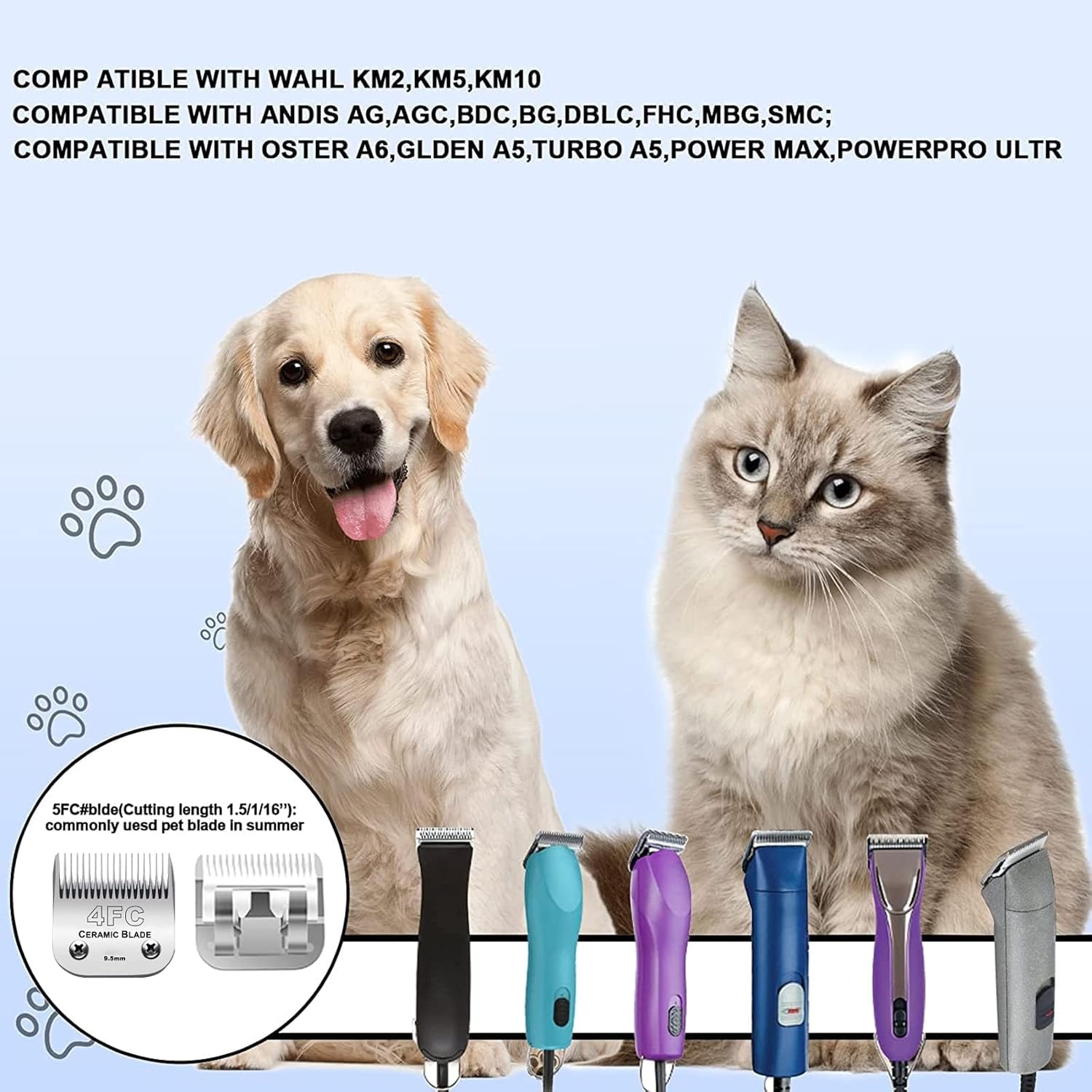 5PACK Dog Grooming Clipper Replacement Blades Compatible with Andis Pet Clipper/Oster A5/Wahl KM Series Dog Clipper with Ceramic Blade & Stainless Steel Blade (#10+5FC+7FC+3FC+4FC)