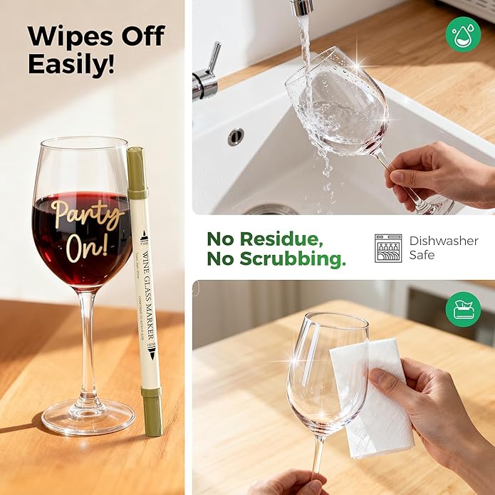 Wine Glass Markers Washable, 8-Pack Dual Tip Erasable Pens | Food Grade Non-Toxic Ink for Glasses, Ceramic | Ideal Christmas Gifts & Party Accessories