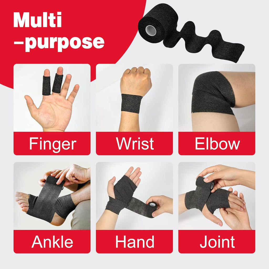 AZEN 8 Pack Self Adhesive Bandage Wrap, 2" X 5 Yards Elastic Cohesive Bandage Wrap, Black Athletic Tape, Vet Wrap, Ankle Tape, Tattoo Grip Tape Wrap