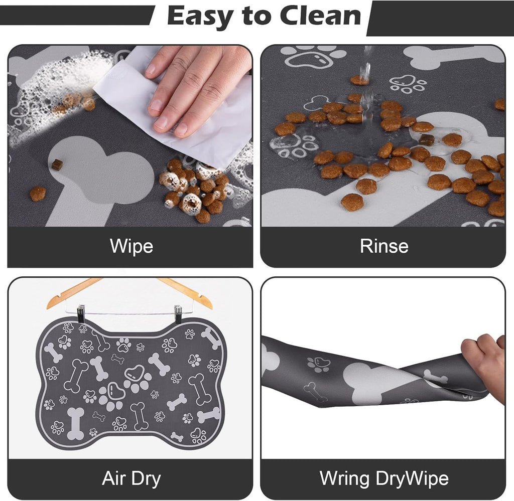 Dog Cat Food Mat,Rapid Absorbent Pet Feeding Mat, Bone Shaped Dog Placemat Water Bowl Mat with Rubber Backing,No Stains Dog Cat Food Mats Indoor, Pet Accessories Supplies 12"x18" Dark Grey