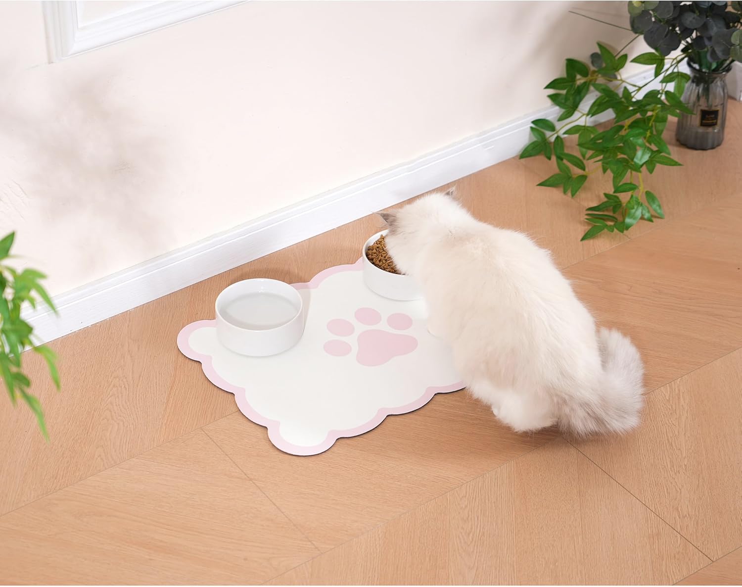 Ralxion Scalloped Dog Feeding Mat, Absorbent Mats for Dog Food and Water Bowl, Dispenser, Cute Elegant Aesthetic Preppy Pastel Pink Scallop Pet Placemat for Dogs, Cats, Puppy Accessories, 14" X 19”