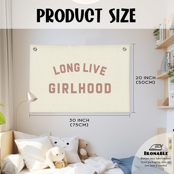 Long Live Girlhood Banner, Girls Baby Nursery Decor, Toddler Girl Room Decor, Pink Girls Room Wall Decor, 30x20 Inch Linen Wall Hanging Canvas Banner Flag