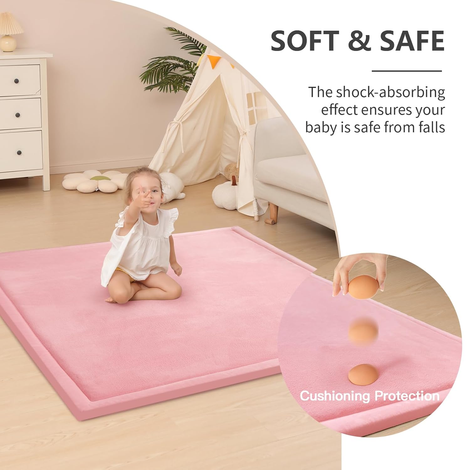Baby Play Mat for Floor,1.3" Thick Elasti-Foam 50x50 Playpen Mat for Toddlers Infant Kids,Water-Repellent Soft Coral Velvet Tummy Time Mat,Non Slip Crawling Mat,Tatami Mat(Pink)